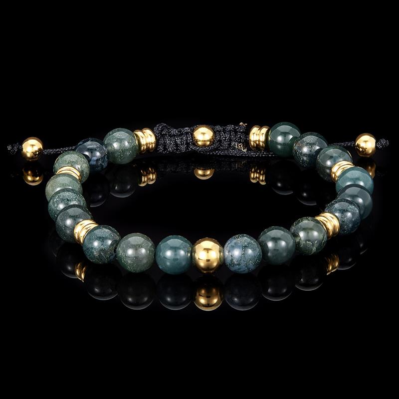 Green Moss Agate and Gold Steel Accents Adjustable Natural Stone Bracelet
