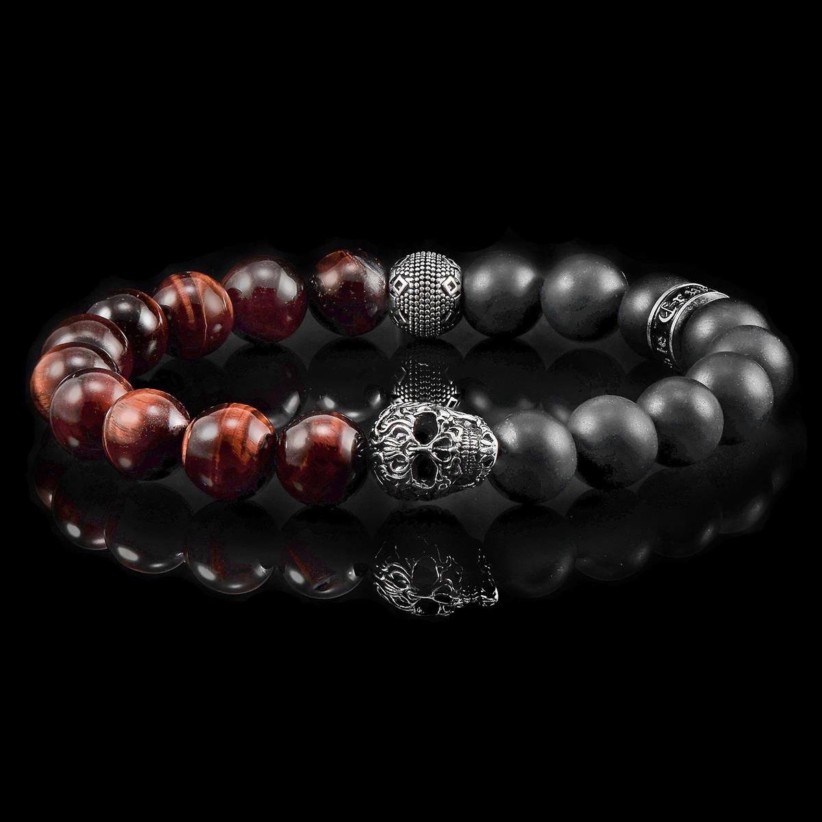 Crucible Skull Stretch Bracelet with 10mm Matte Black Onyx and Red