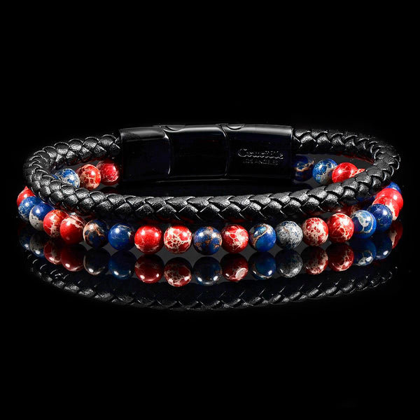 Crucible Blue and Red Imperial Jasper Stone Bead Leather Bracelet