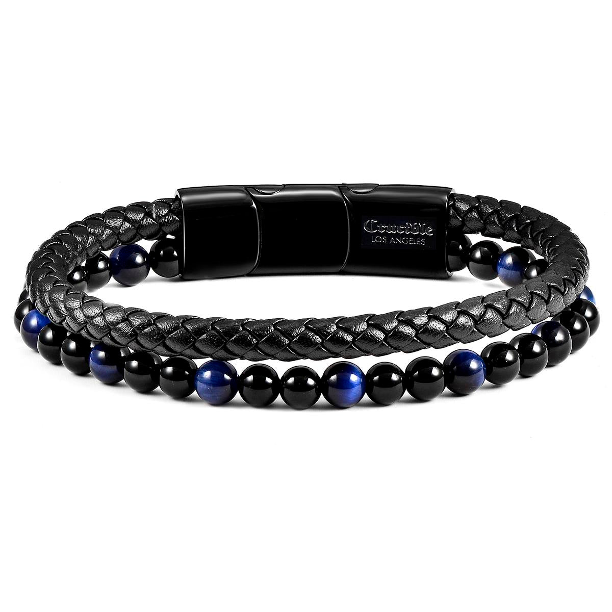 Crucible Blue Tiger Eye and Black Onyx Stone Bead Leather