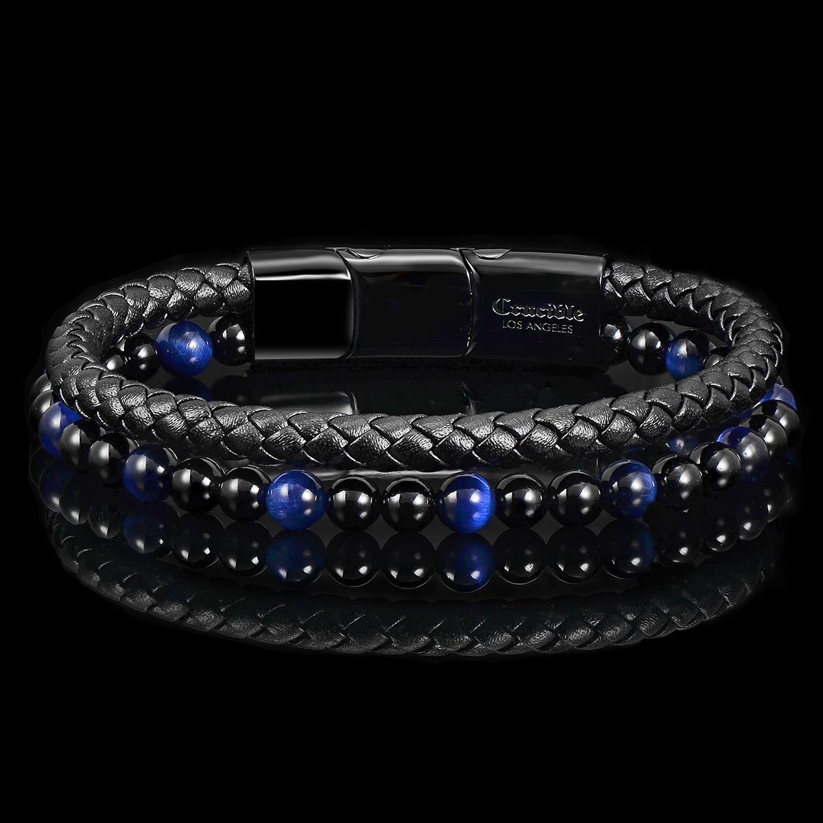 Crucible Blue Tiger Eye and Black Onyx Stone Bead Leather