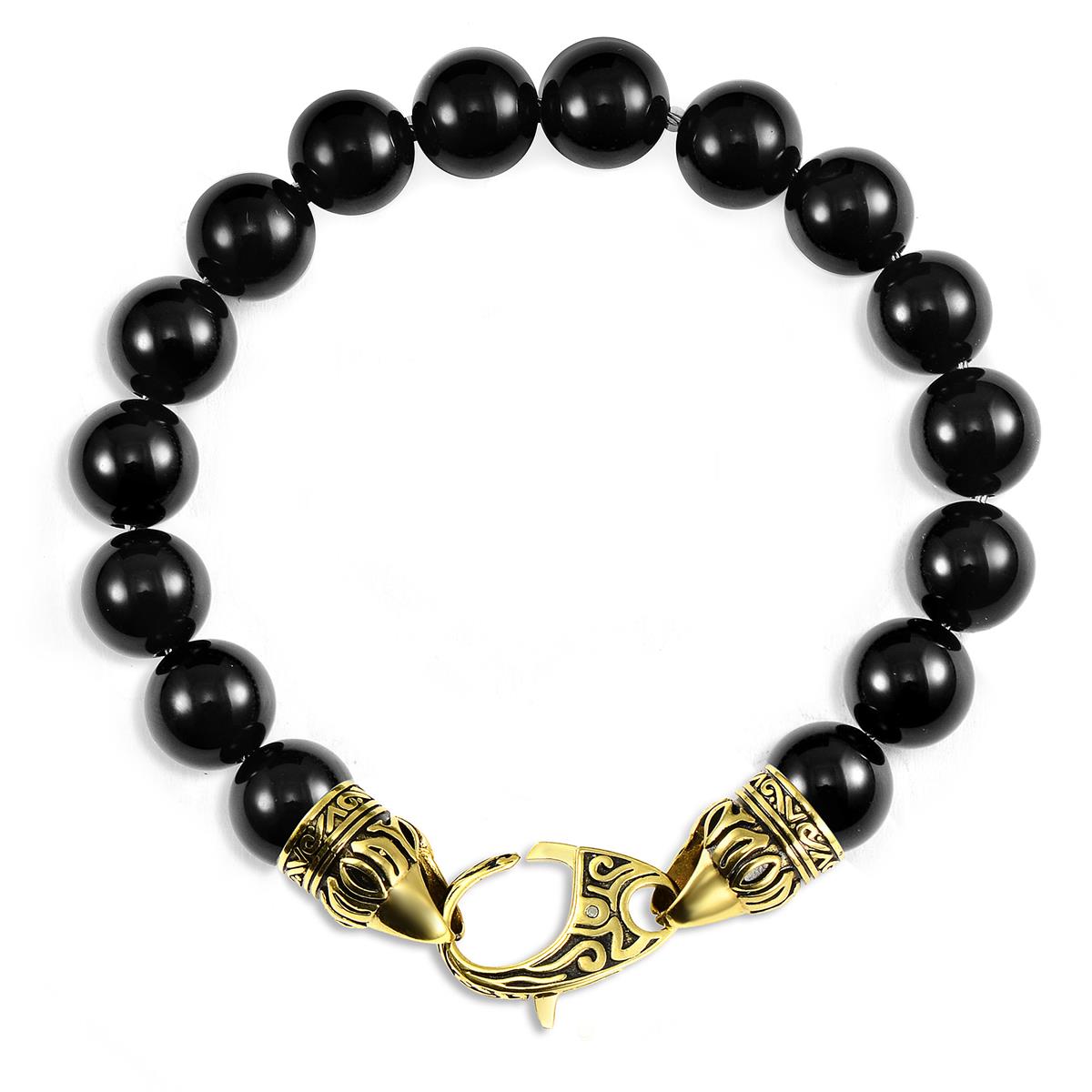 Invicta 10mm Polished Black Onyx Bead Bracelet with Antiqued