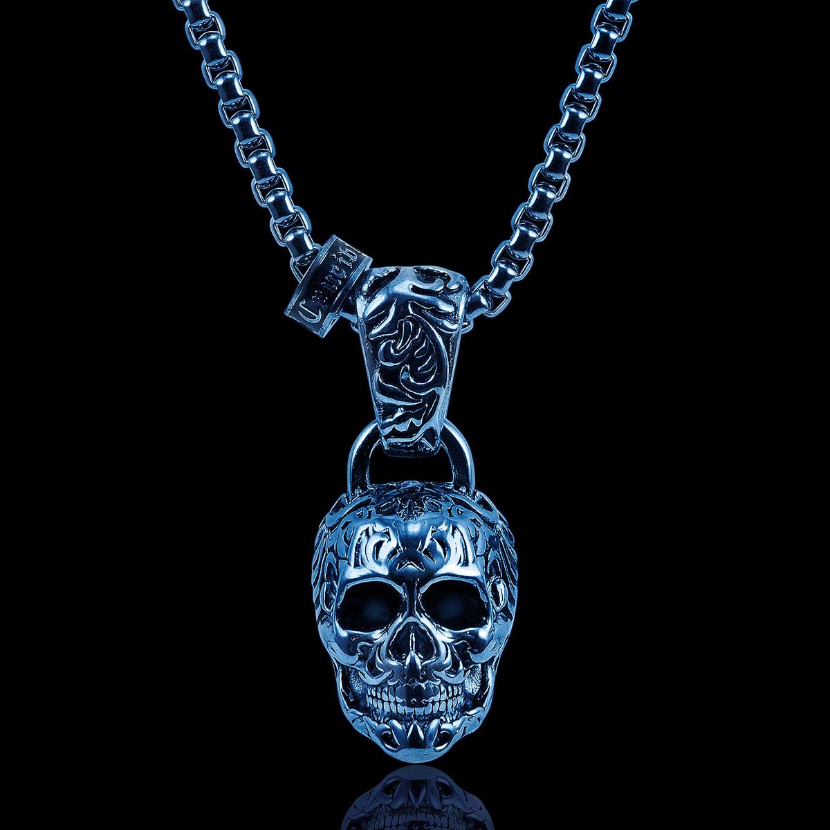 Crucible Large 35mm Skull Necklace on 28 Inch 5mm Box Chain